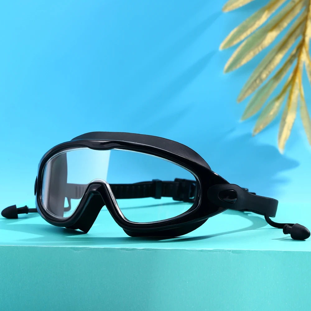 Adult Large Frame Swimming Goggles - Anti-Fog Swim Eyewear with Earplugs