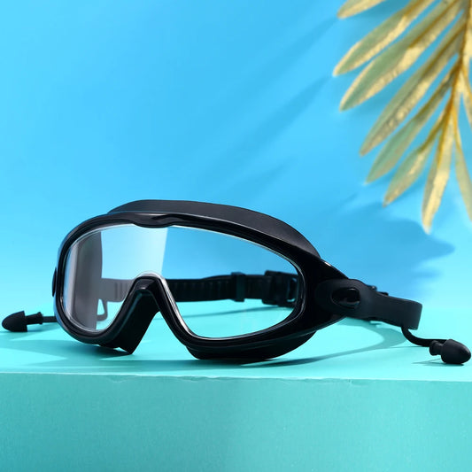 Adult Large Frame Swimming Goggles - Anti-Fog Swim Eyewear with Earplugs