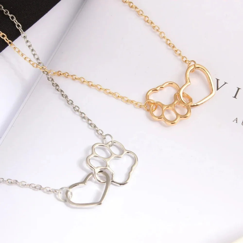 Hollow Pet Paw Heart Pendant Necklace