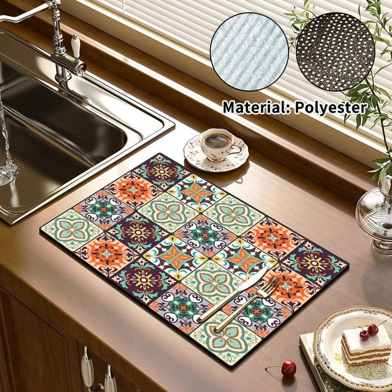 Absorbent Printed Dish Drying Mat for Kitchen Counters