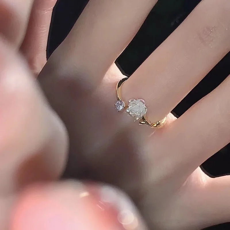 Adjustable Zircon Flower Opening Ring for Women