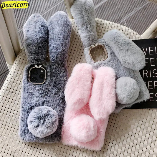 Soft Plush iPhone Case - 3D Furry Bunny Warm Phone Cover
